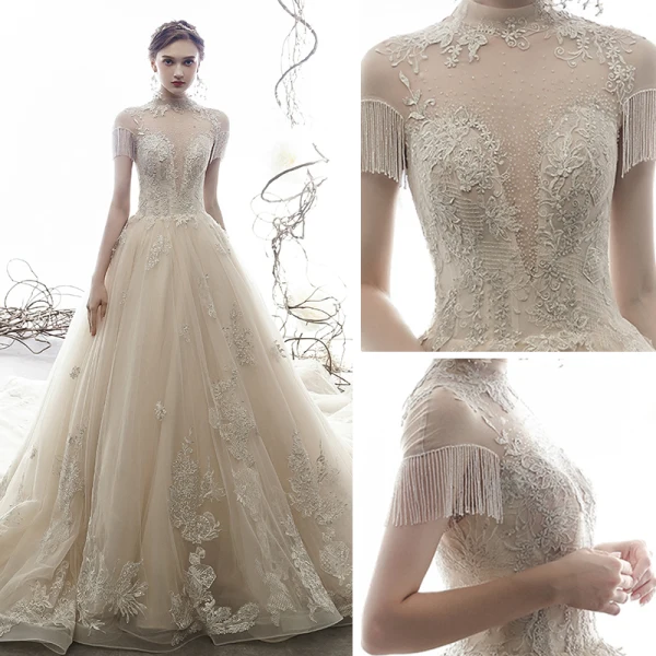 Vintage / Retro Champagne See-through Wedding Dresses 2019 A-Line / Princess High Neck Short Sleeve Beading Tassel Appliques Lace Cathedral Train Ruffle