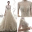 Vintage / Retro Champagne See-through Wedding Dresses 2019 A-Line / Princess High Neck Short Sleeve Beading Tassel Appliques Lace Cathedral Train Ruffle