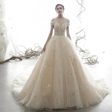 Luxury Gorgeous Champagne Wedding Dresses 2019 Ball Gown Off The Shoulder V Neck Short Sleeve Backless Beading Glitter Sequins Tulle Cathedral Train Ruffle