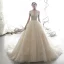Luxury / Gorgeous Champagne Wedding Dresses 2019 Ball Gown Off-The-Shoulder V-Neck Short Sleeve Backless Beading Glitter Sequins Tulle Cathedral Train Ruffle