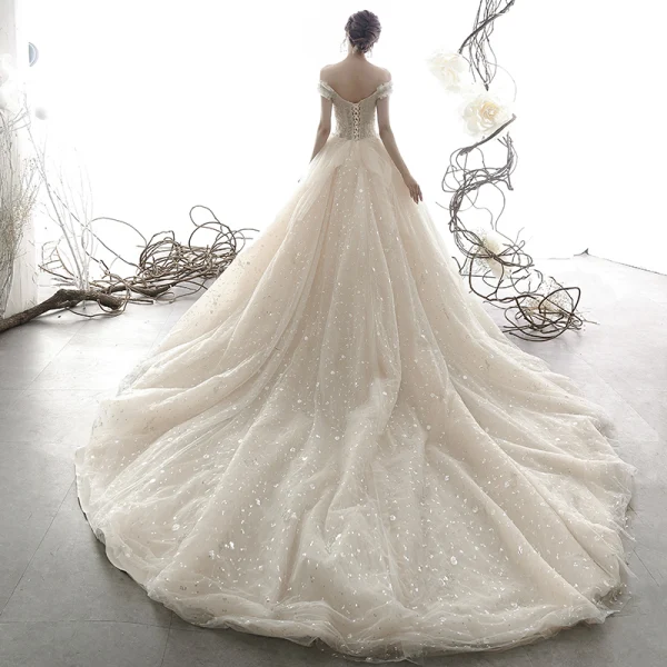 Luxury / Gorgeous Champagne Wedding Dresses 2019 Ball Gown Off-The-Shoulder V-Neck Short Sleeve Backless Beading Glitter Sequins Tulle Cathedral Train Ruffle