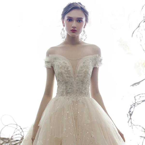 Luxury / Gorgeous Champagne Wedding Dresses 2019 Ball Gown Off-The-Shoulder V-Neck Short Sleeve Backless Beading Glitter Sequins Tulle Cathedral Train Ruffle