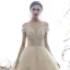 Luxury / Gorgeous Champagne Wedding Dresses 2019 Ball Gown Off-The-Shoulder V-Neck Short Sleeve Backless Beading Glitter Sequins Tulle Cathedral Train Ruffle