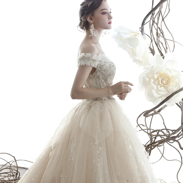 Luxury / Gorgeous Champagne Wedding Dresses 2019 Ball Gown Off-The-Shoulder V-Neck Short Sleeve Backless Beading Glitter Sequins Tulle Cathedral Train Ruffle