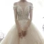 Luxury / Gorgeous Champagne Wedding Dresses 2019 Ball Gown Off-The-Shoulder V-Neck Short Sleeve Backless Beading Glitter Sequins Tulle Cathedral Train Ruffle