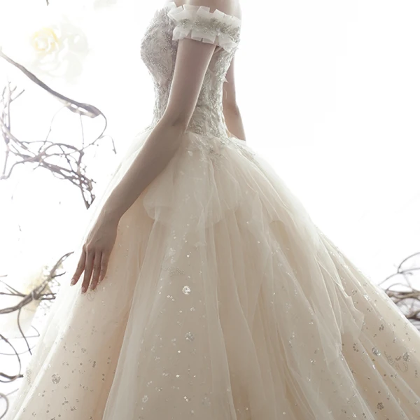 Luxury / Gorgeous Champagne Wedding Dresses 2019 Ball Gown Off-The-Shoulder V-Neck Short Sleeve Backless Beading Glitter Sequins Tulle Cathedral Train Ruffle