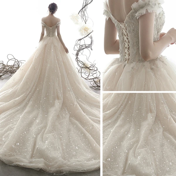 Luxury / Gorgeous Champagne Wedding Dresses 2019 Ball Gown Off-The-Shoulder V-Neck Short Sleeve Backless Beading Glitter Sequins Tulle Cathedral Train Ruffle