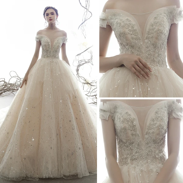 Luxury / Gorgeous Champagne Wedding Dresses 2019 Ball Gown Off-The-Shoulder V-Neck Short Sleeve Backless Beading Glitter Sequins Tulle Cathedral Train Ruffle