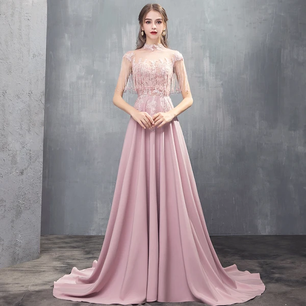 Luxe Rose Bonbon Transparentes Robe De Soirée 2019 Princesse Col Haut Sans Manches Appliques En Dentelle Perlage Gland Train De Balayage Volants Dos Nu Robe De Ceremonie