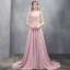 Luxe Rose Bonbon Transparentes Robe De Soirée 2019 Princesse Col Haut Sans Manches Appliques En Dentelle Perlage Gland Train De Balayage Volants Dos Nu Robe De Ceremonie