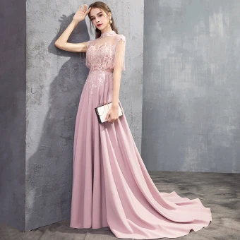 Luxury Gorgeous Candy Pink See Through Evening Dresses 2019 A Line Princess High Neck Sleeveless Appliques Lace Beading Tassel Sweep Train Ruffle Backless Formal Dresses