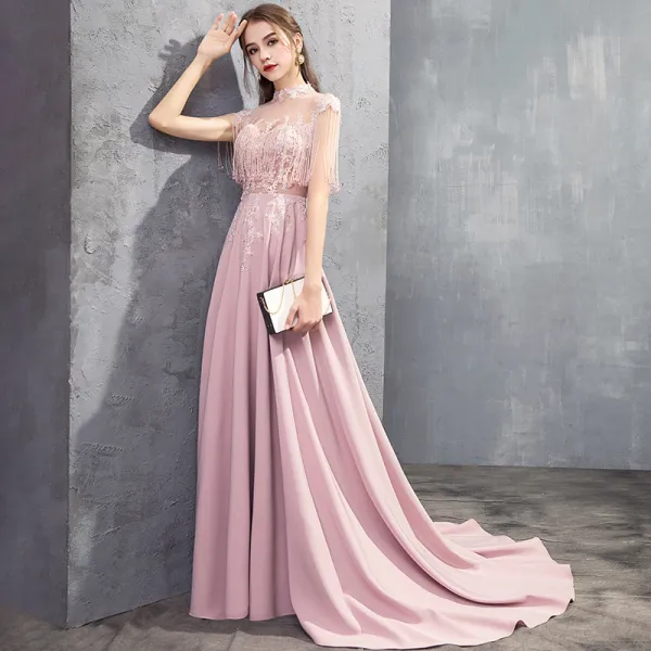 Luxury / Gorgeous Candy Pink See-through Evening Dresses  2019 A-Line / Princess High Neck Sleeveless Appliques Lace Beading Tassel Sweep Train Ruffle Backless Formal Dresses