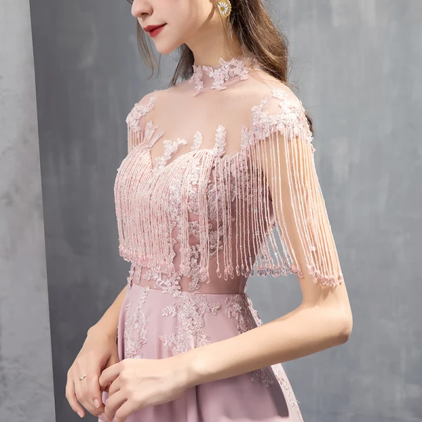 Luxe Rose Bonbon Transparentes Robe De Soirée 2019 Princesse Col Haut Sans Manches Appliques En Dentelle Perlage Gland Train De Balayage Volants Dos Nu Robe De Ceremonie