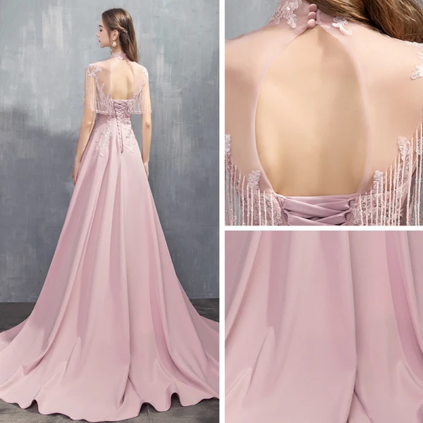 Luxe Rose Bonbon Transparentes Robe De Soirée 2019 Princesse Col Haut Sans Manches Appliques En Dentelle Perlage Gland Train De Balayage Volants Dos Nu Robe De Ceremonie