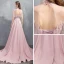 Luxe Rose Bonbon Transparentes Robe De Soirée 2019 Princesse Col Haut Sans Manches Appliques En Dentelle Perlage Gland Train De Balayage Volants Dos Nu Robe De Ceremonie