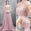Luxe Rose Bonbon Transparentes Robe De Soirée 2019 Princesse Col Haut Sans Manches Appliques En Dentelle Perlage Gland Train De Balayage Volants Dos Nu Robe De Ceremonie