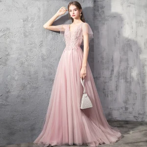Élégant Perle Rose Robe De Soirée 2019 Princesse Col V Profond Manches Courtes Appliques En Dentelle Perlage Train De Balayage Volants Dos Nu Robe De Ceremonie