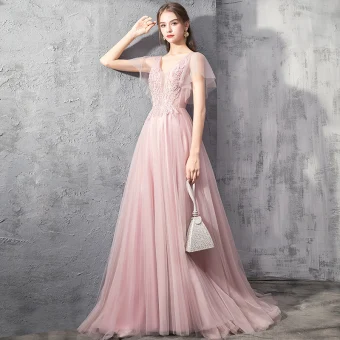 Elegant Pearl Pink Evening Dresses 2019 A Line Princess Deep V Neck Short Sleeve Appliques Lace Beading Sweep Train Ruffle Backless Formal Dresses