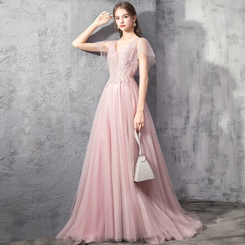 Elegant Pearl Pink Evening Dresses 2019 A Line Princess Deep V Neck Short  Sleeve Appliques Lace Beading Sweep Train Ruffle Backless Formal Dresses