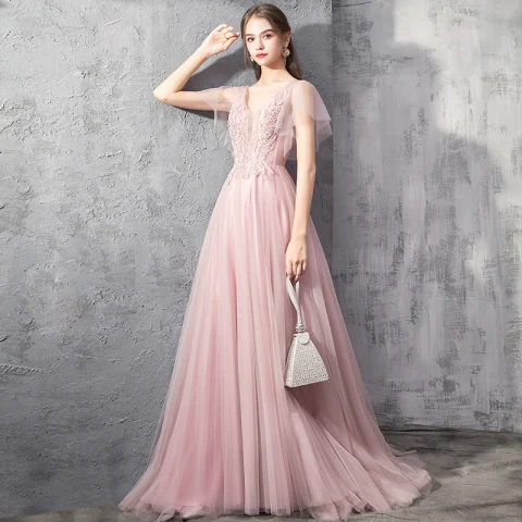 Elegant Pearl Pink Evening Dresses  2019 A-Line / Princess Deep V-Neck Short Sleeve Appliques Lace Beading Sweep Train Ruffle Backless Formal Dresses