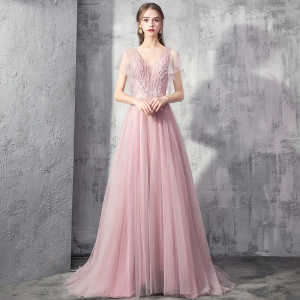 Elegante Pearl Rosa Abendkleider 2019 A Linie Tiefer V-Ausschnitt Kurze Ärmel Applikationen Spitze Perlenstickerei Sweep / Pinsel Zug Rüschen Rückenfreies Festliche Kleider