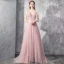 Elegante Pearl Rosa Abendkleider 2019 A Linie Tiefer V-Ausschnitt Kurze Ärmel Applikationen Spitze Perlenstickerei Sweep / Pinsel Zug Rüschen Rückenfreies Festliche Kleider