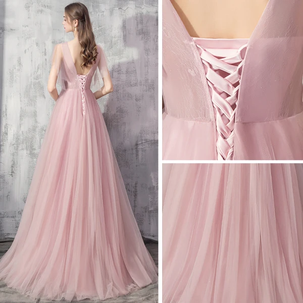 Elegante Pearl Rosa Abendkleider 2019 A Linie Tiefer V-Ausschnitt Kurze Ärmel Applikationen Spitze Perlenstickerei Sweep / Pinsel Zug Rüschen Rückenfreies Festliche Kleider
