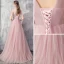 Elegante Pearl Rosa Abendkleider 2019 A Linie Tiefer V-Ausschnitt Kurze Ärmel Applikationen Spitze Perlenstickerei Sweep / Pinsel Zug Rüschen Rückenfreies Festliche Kleider