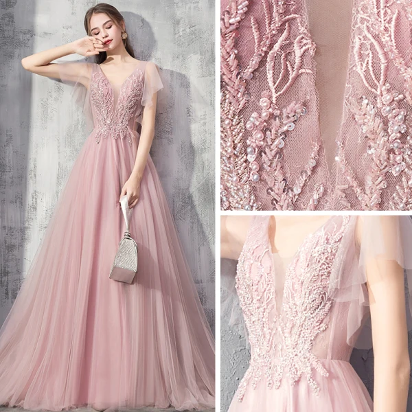 Elegante Pearl Rosa Abendkleider 2019 A Linie Tiefer V-Ausschnitt Kurze Ärmel Applikationen Spitze Perlenstickerei Sweep / Pinsel Zug Rüschen Rückenfreies Festliche Kleider
