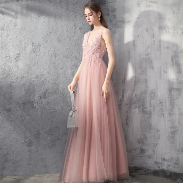 Elegant Pearl Pink Evening Dresses 2019 A Line Princess Deep V Neck Sleeveless Beading Floor Length Long Ruffle Backless Formal Dresses