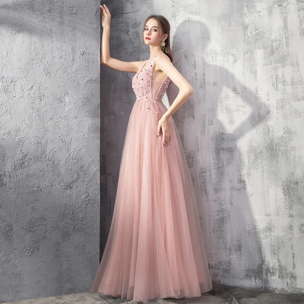 Elegant Pearl Pink Evening Dresses 2019 A-Line / Princess Deep V-Neck Sleeveless Beading Floor-Length / Long Ruffle Backless Formal Dresses