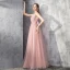 Elegant Pearl Pink Evening Dresses  2019 A-Line / Princess Deep V-Neck Sleeveless Beading Floor-Length / Long Ruffle Backless Formal Dresses