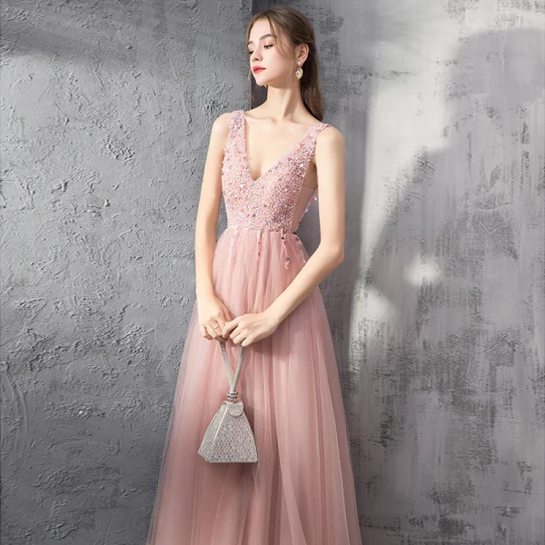 Elegant Pearl Pink Evening Dresses 2019 A-Line / Princess Deep V-Neck Sleeveless Beading Floor-Length / Long Ruffle Backless Formal Dresses