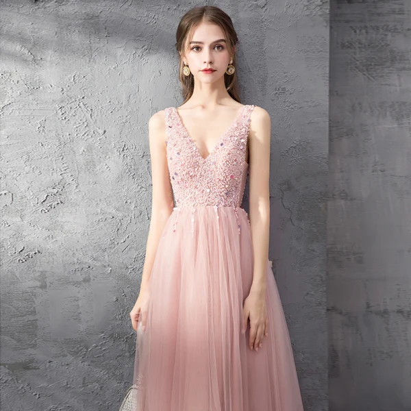 Elegant Pearl Pink Evening Dresses 2019 A-Line / Princess Deep V-Neck Sleeveless Beading Floor-Length / Long Ruffle Backless Formal Dresses
