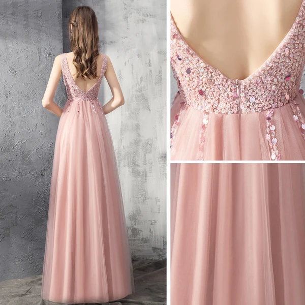Elegant Pearl Pink Evening Dresses 2019 A-Line / Princess Deep V-Neck Sleeveless Beading Floor-Length / Long Ruffle Backless Formal Dresses