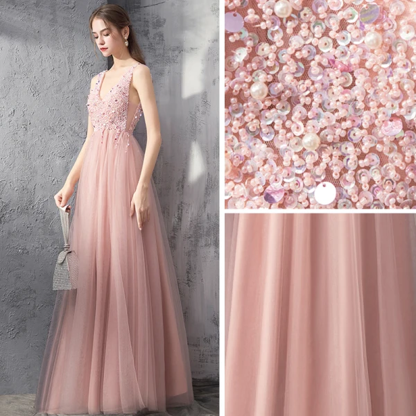 Elegant Pearl Pink Evening Dresses 2019 A-Line / Princess Deep V-Neck Sleeveless Beading Floor-Length / Long Ruffle Backless Formal Dresses
