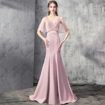 Elegant Candy Pink Evening Dresses 2019 Trumpet Mermaid Deep V Neck Short Sleeve Rhinestone Beading Sweep Train Ruffle Backless Formal Dresses