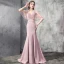 Élégant Rose Bonbon Robe De Soirée 2019 Trompette / Sirène Col v profond Manches Courtes Faux Diamant Perlage Train De Balayage Volants Dos Nu Robe De Ceremonie
