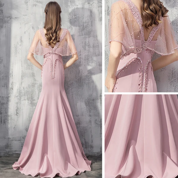 Élégant Rose Bonbon Robe De Soirée 2019 Trompette / Sirène Col v profond Manches Courtes Faux Diamant Perlage Train De Balayage Volants Dos Nu Robe De Ceremonie