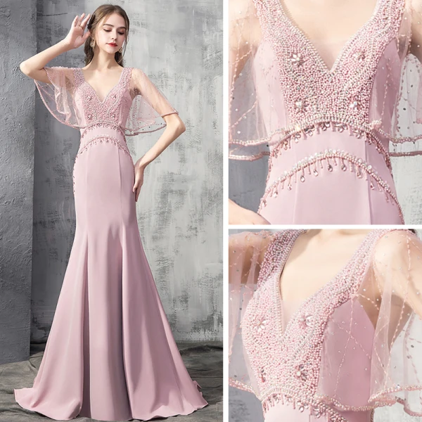 Élégant Rose Bonbon Robe De Soirée 2019 Trompette / Sirène Col v profond Manches Courtes Faux Diamant Perlage Train De Balayage Volants Dos Nu Robe De Ceremonie