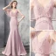 Élégant Rose Bonbon Robe De Soirée 2019 Trompette / Sirène Col v profond Manches Courtes Faux Diamant Perlage Train De Balayage Volants Dos Nu Robe De Ceremonie