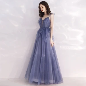 Chic Belle Océan Bleu Transparentes Robe De Soirée 2019 Princesse Bretelles Spaghetti Col V Profond Sans Manches Perlage Glitter Tulle Longue Volants Dos Nu Robe De Ceremonie