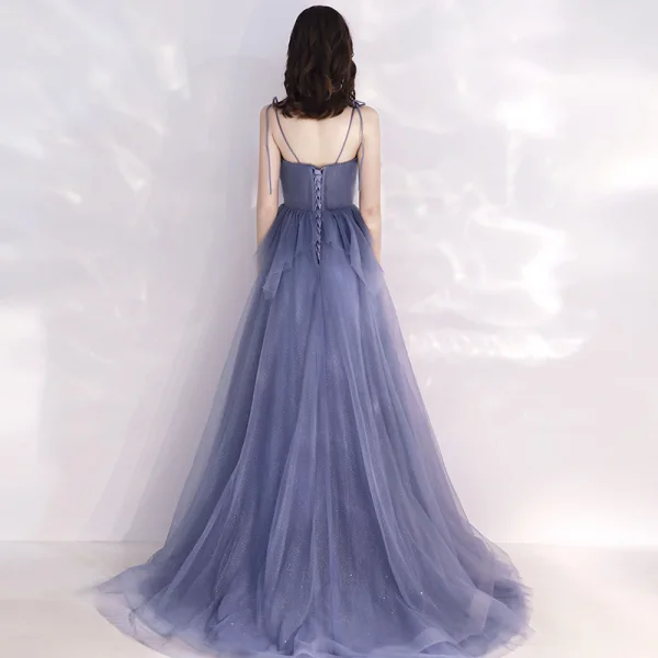 Chic / Belle Océan Bleu Transparentes Robe De Soirée 2019 Princesse Bretelles Spaghetti Col v profond Sans Manches Perlage Glitter Tulle Longue Volants Dos Nu Robe De Ceremonie