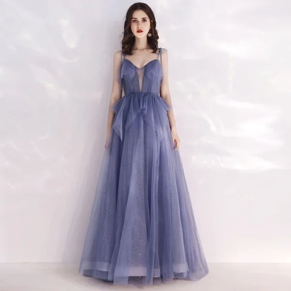 Chic / Belle Océan Bleu Transparentes Robe De Soirée 2019 Princesse Bretelles Spaghetti Col v profond Sans Manches Perlage Glitter Tulle Longue Volants Dos Nu Robe De Ceremonie