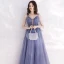 Chic / Belle Océan Bleu Transparentes Robe De Soirée 2019 Princesse Bretelles Spaghetti Col v profond Sans Manches Perlage Glitter Tulle Longue Volants Dos Nu Robe De Ceremonie
