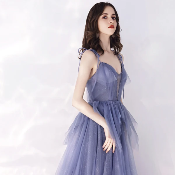 Chic / Belle Océan Bleu Transparentes Robe De Soirée 2019 Princesse Bretelles Spaghetti Col v profond Sans Manches Perlage Glitter Tulle Longue Volants Dos Nu Robe De Ceremonie