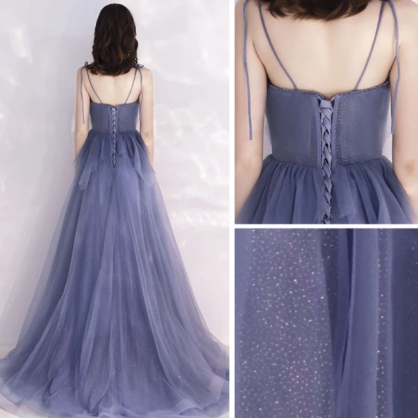Chic / Belle Océan Bleu Transparentes Robe De Soirée 2019 Princesse Bretelles Spaghetti Col v profond Sans Manches Perlage Glitter Tulle Longue Volants Dos Nu Robe De Ceremonie