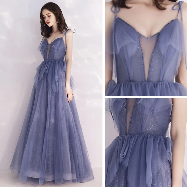 Chic / Belle Océan Bleu Transparentes Robe De Soirée 2019 Princesse Bretelles Spaghetti Col v profond Sans Manches Perlage Glitter Tulle Longue Volants Dos Nu Robe De Ceremonie