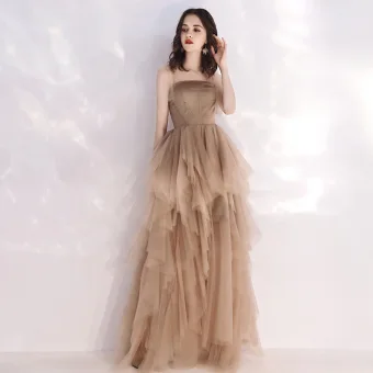 Affordable Champagne Summer Evening Dresses 2019 A Line Princess Shoulders Sleeveless Floor Length Long Cascading Ruffles Backless Formal Dresses