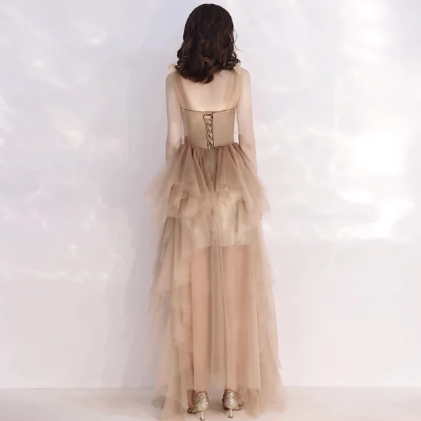 Affordable Champagne Summer Evening Dresses 2019 A-Line / Princess Shoulders Sleeveless Floor-Length / Long Cascading Ruffles Backless Formal Dresses